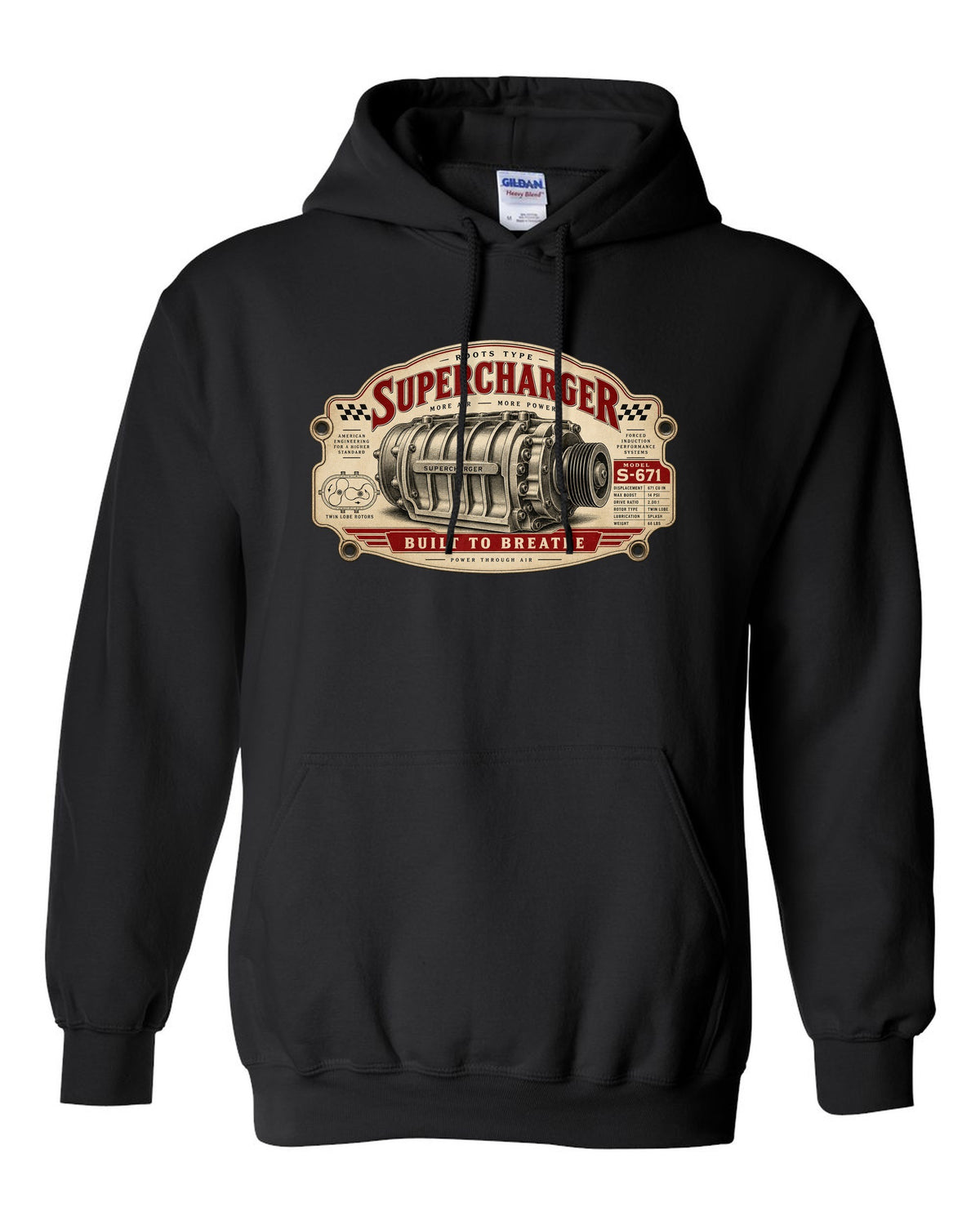 Spec-sheet data plate art of a 2023 Ford F-150 Raptor R P702 with 5.2 SUPERCHARGED 720 HP notes black pull over hoodie front view with the design