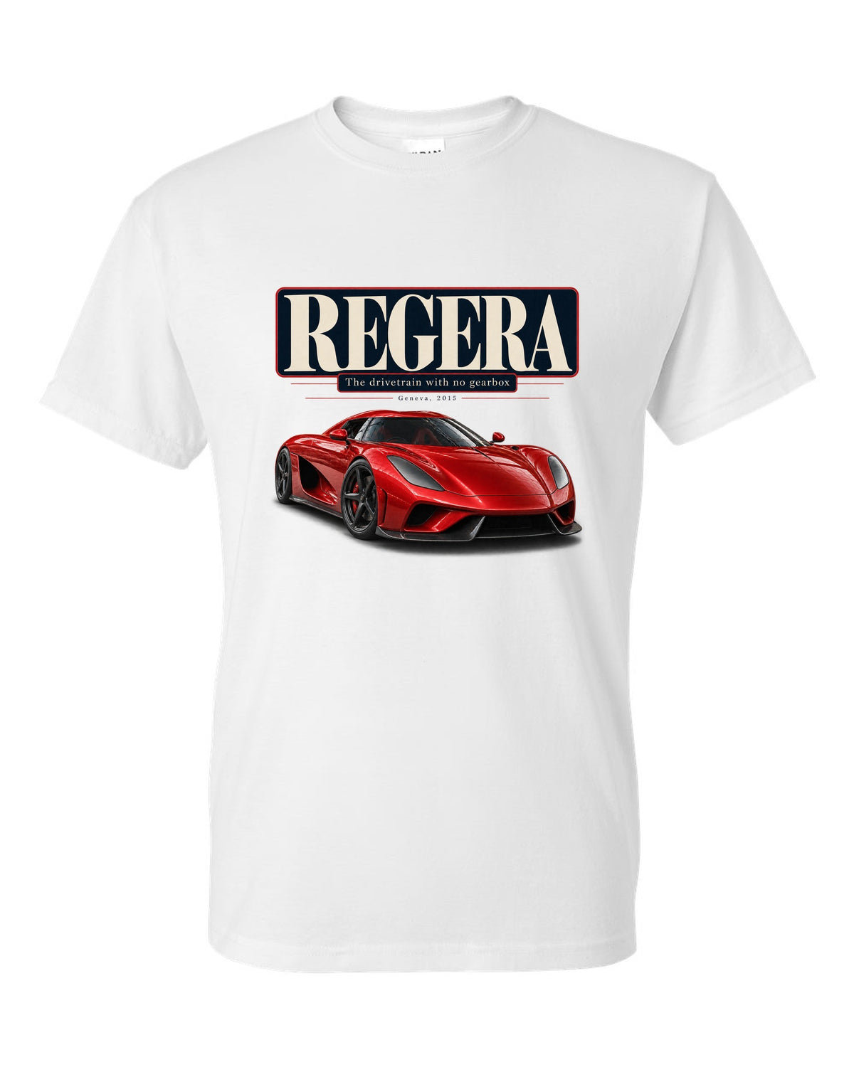 Editorial headline poster of the Koenigsegg Regera about its drivetrain, print white t-shirt front view with the design