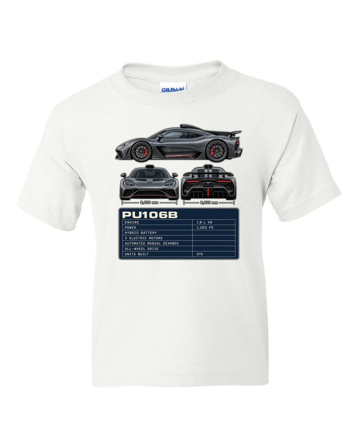 Mercedes-AMG One three-view drawing with PU106B spec table white kids tee front view with the design