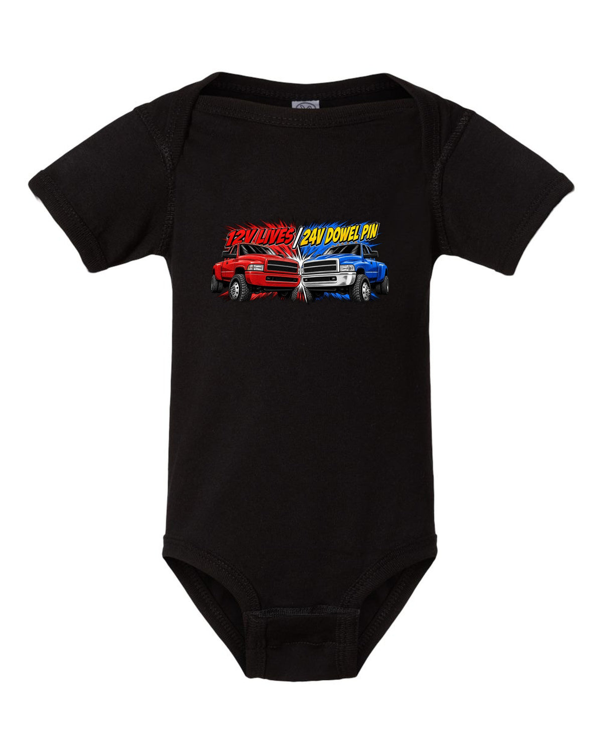 Retro manga halftone print of two Dodge Ram 2nd gen trucks with 12V lives and 24V dowel pin text black baby onesie front view with the design