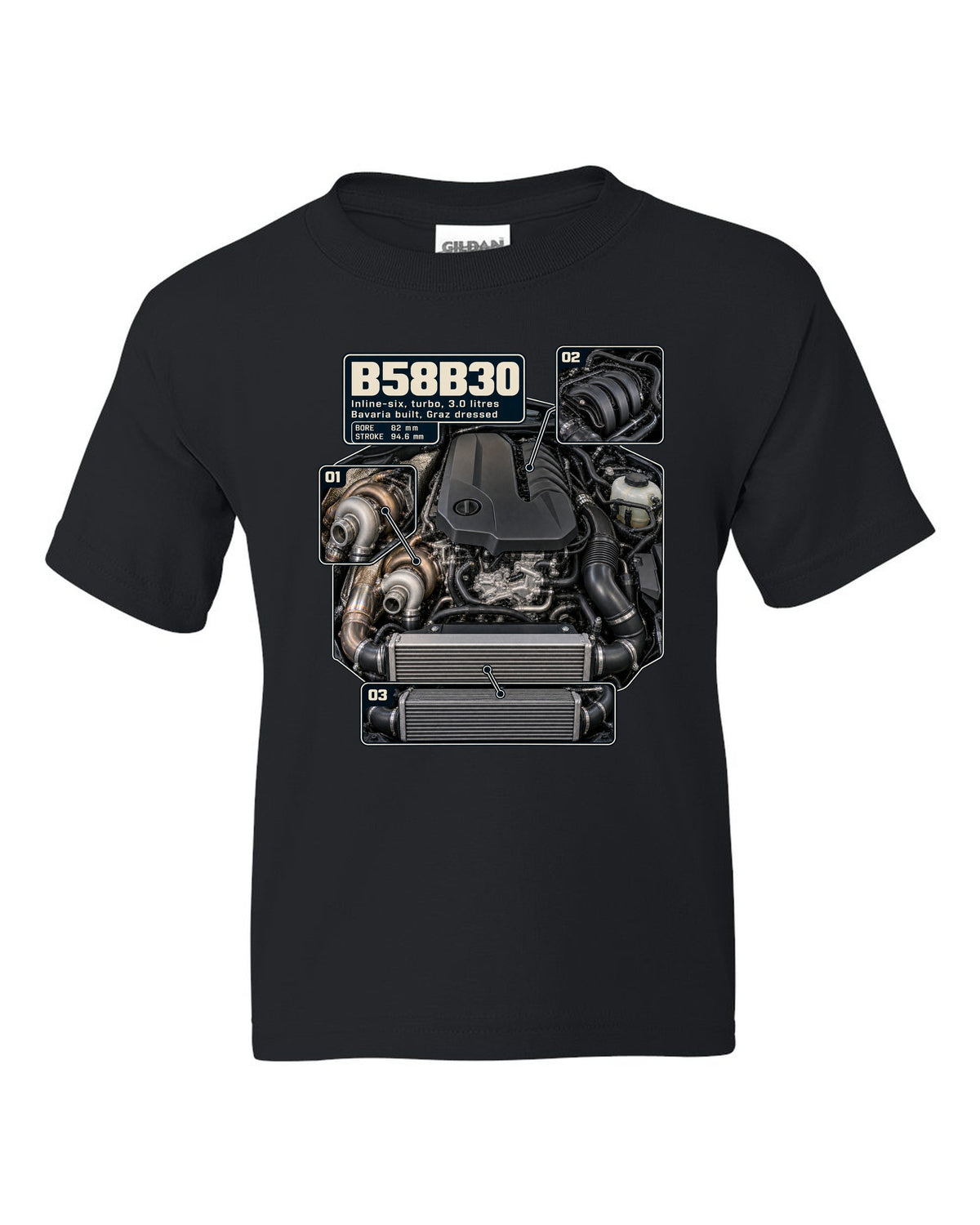 Engine hero print of the BMW B58B30 inline-six from the Z4 M40i black kids tee front view with the design
