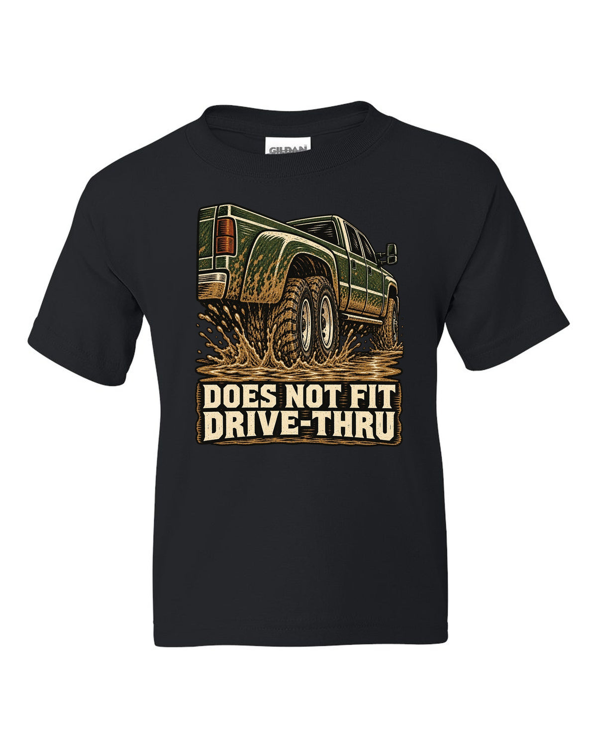 Woodcut print of a 1994-1998 Dodge Ram 3500 dually Cummins with drive-thru text black kids tee front view with the design