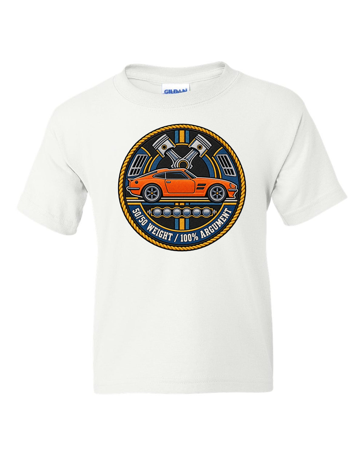 Varsity crest design for the Toyota GR Supra A90 with double-bubble roof white kids tee front view with the design