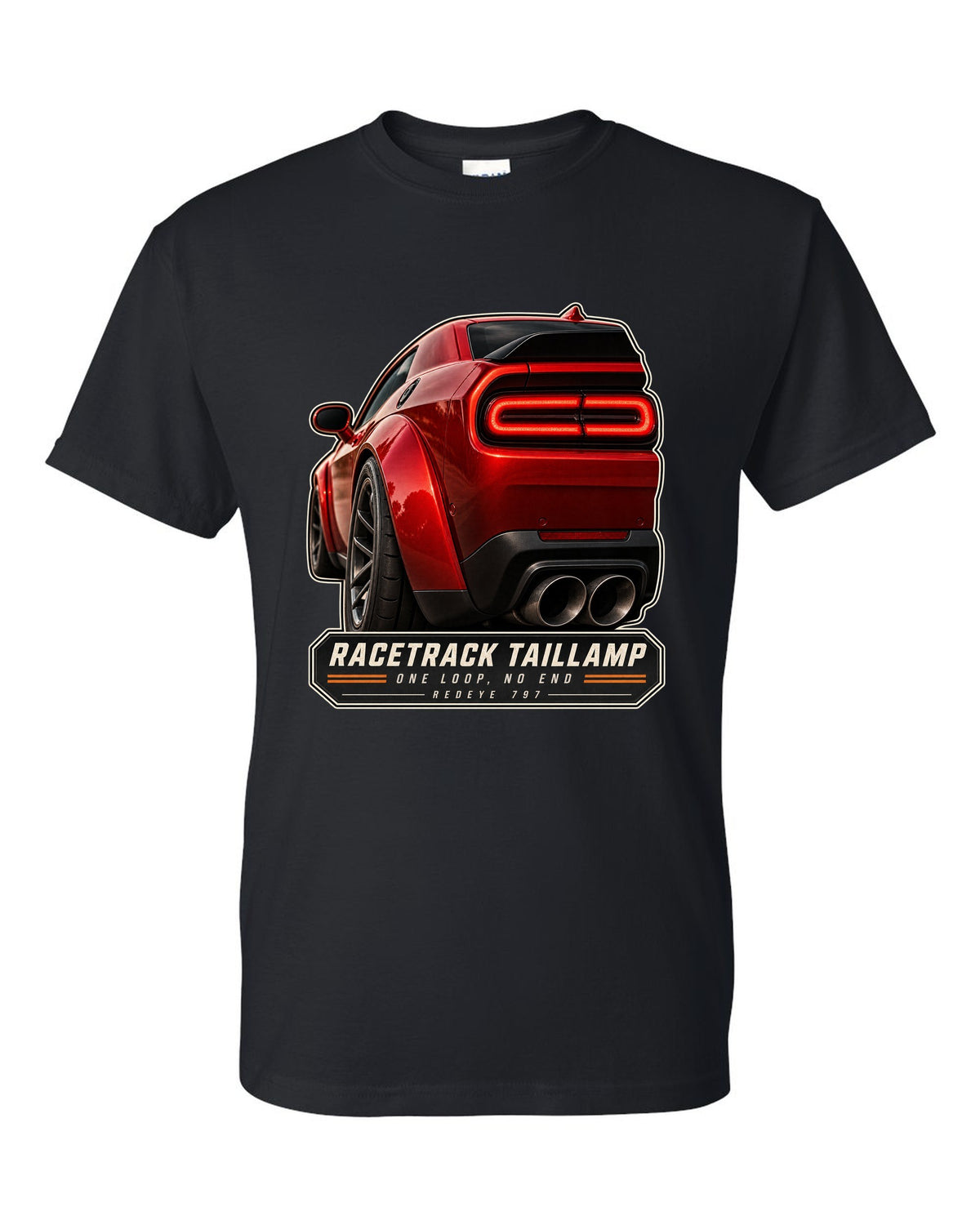 Dodge Challenger Hellcat Redeye Widebody racetrack taillamp macro print black t-shirt front view with the design