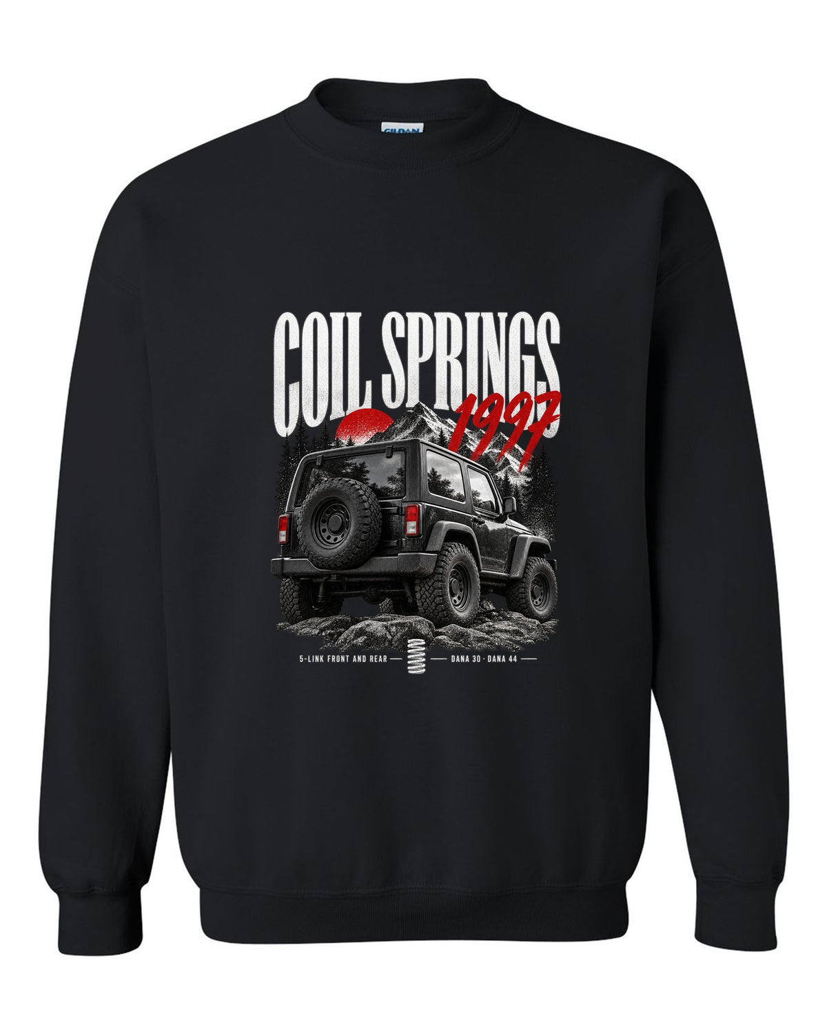 Editorial print for the Jeep Wrangler TJ, coil springs 5-link Dana 30 and Dana 44 black crewneck front view with the design