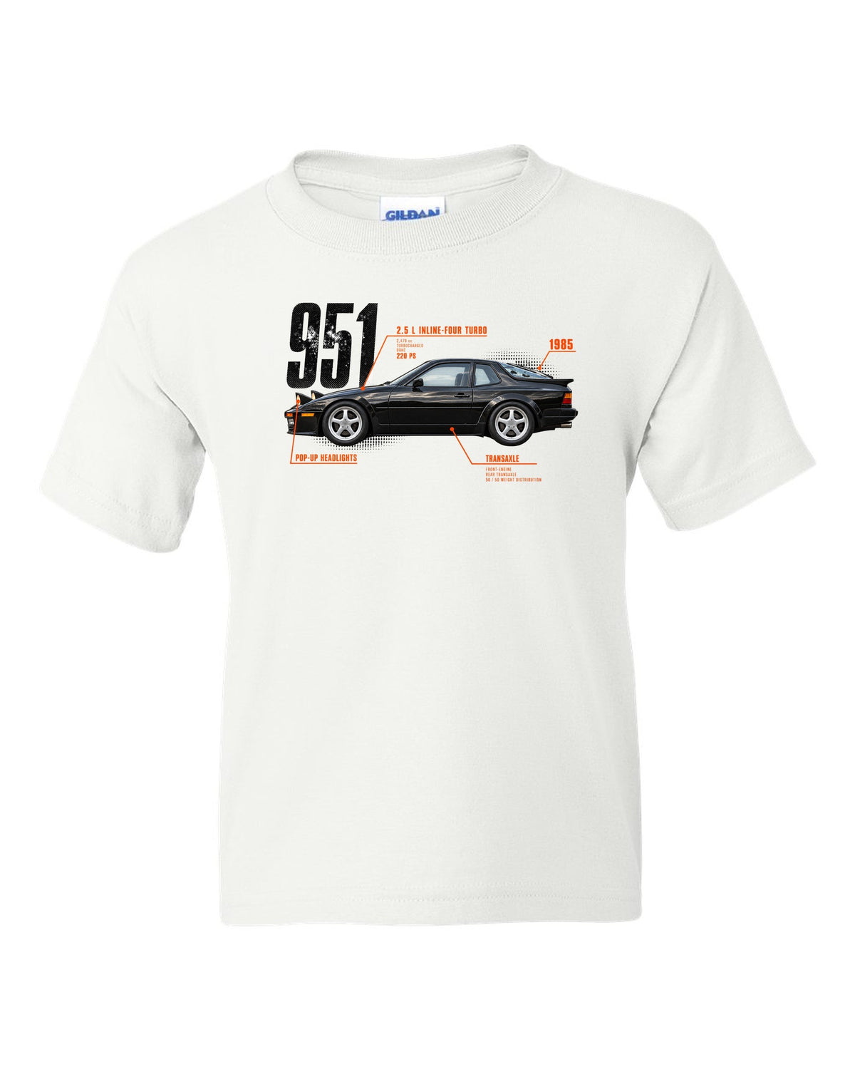 Spec poster print of a Porsche 944 Turbo 951 with 2.5 L turbo four, transaxle and pop-up headlights lettering white kids tee front view with the design
