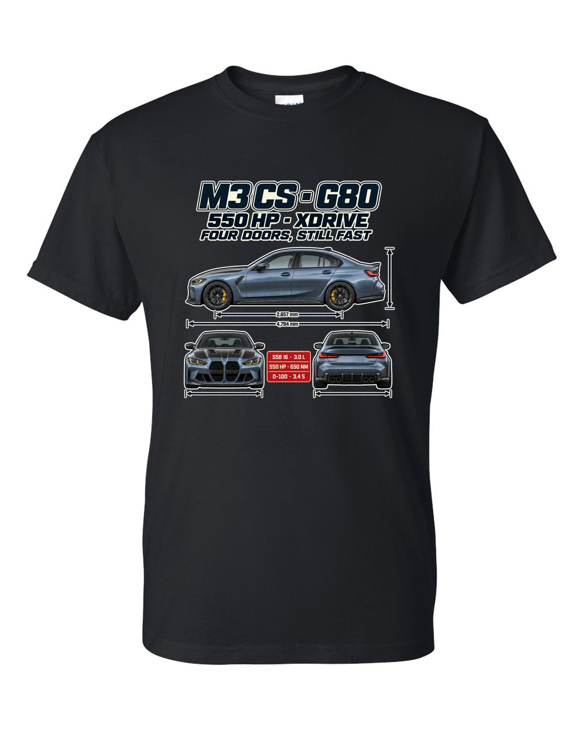BMW M3 CS G80 2023 spec poster print black t-shirt front view with the design