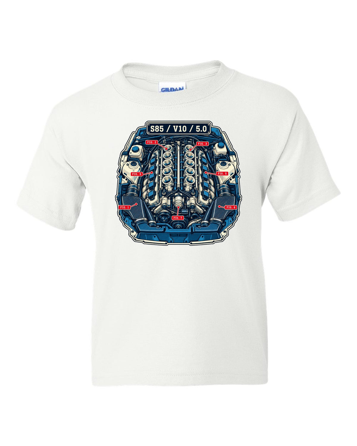 Blueprint patent-style line drawing of the BMW S85 V10 engine from the M5 E60 white kids tee front view with the design