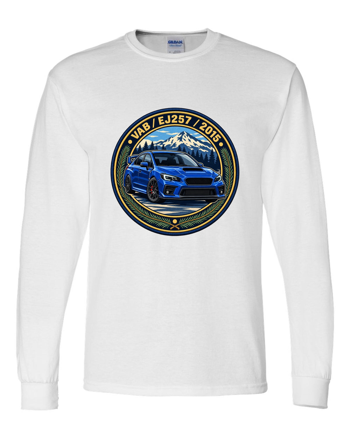Subaru WRX STI VAB round varsity crest print, VAB / EJ257 / 2015 white long sleeve front view with the design
