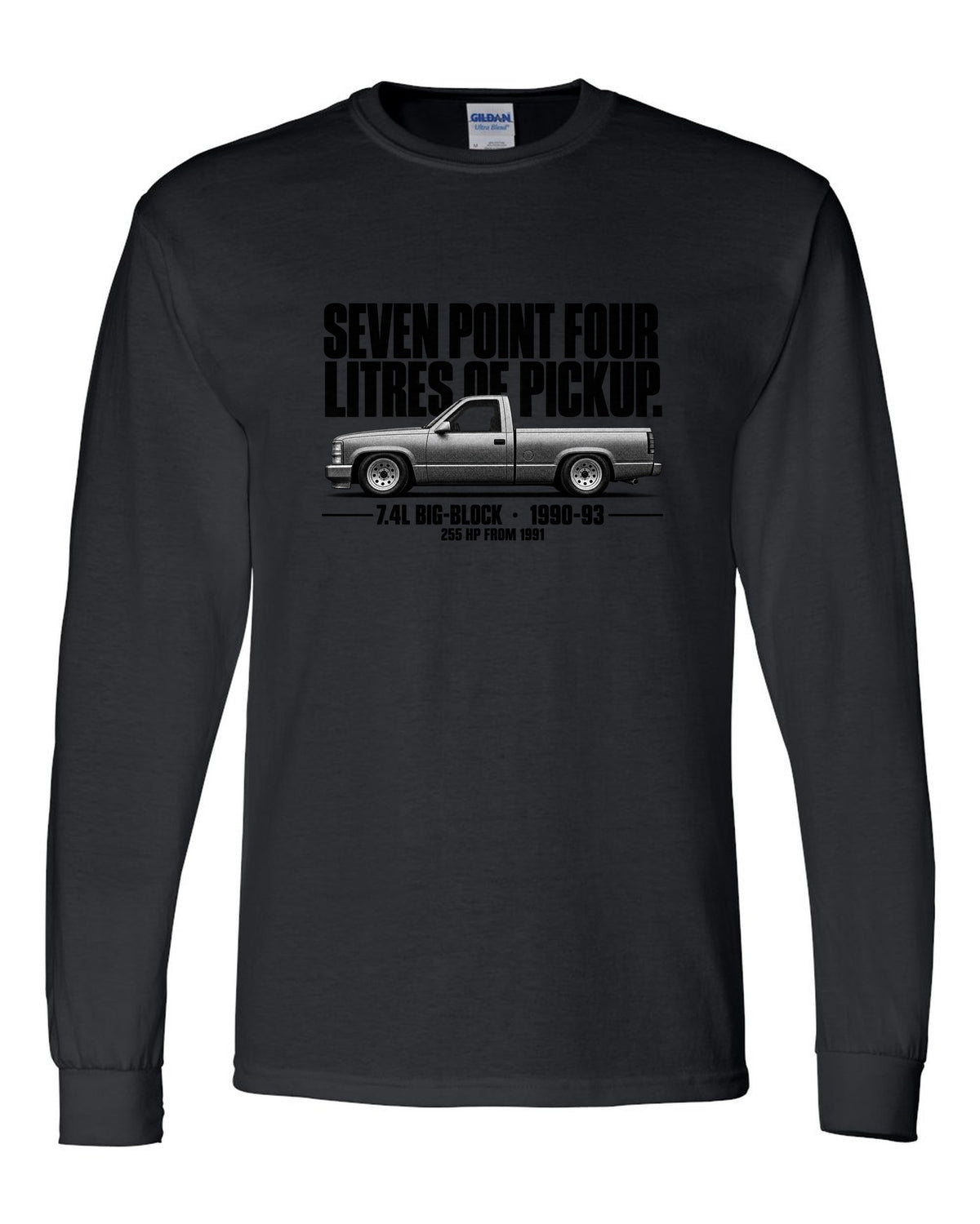 Chevy 454 SS Pickup Halftone Profile black long sleeve front view with the design