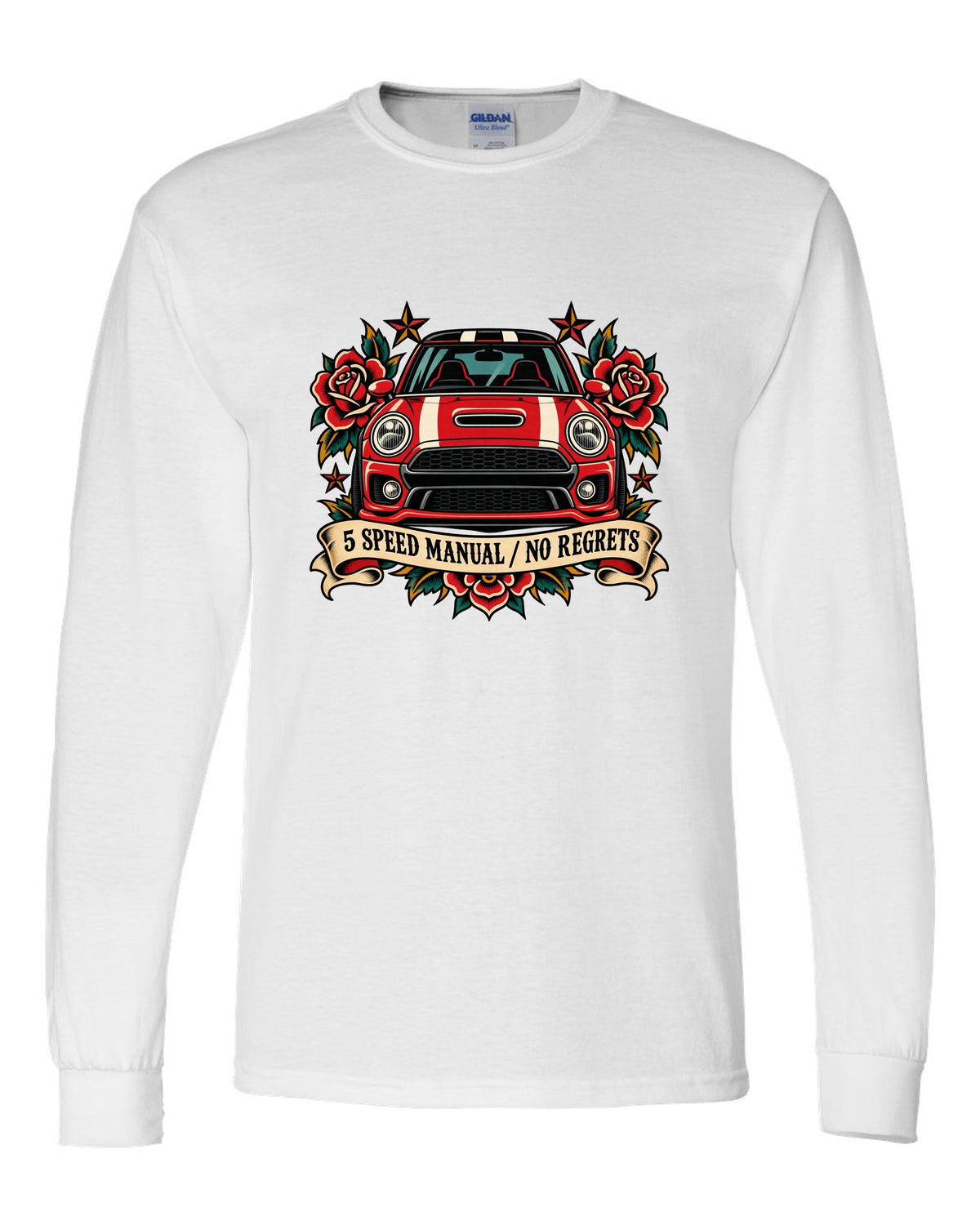 Tattoo flash style Fiat 500 Abarth with 5 speed manual no regrets lettering white long sleeve front view with the design