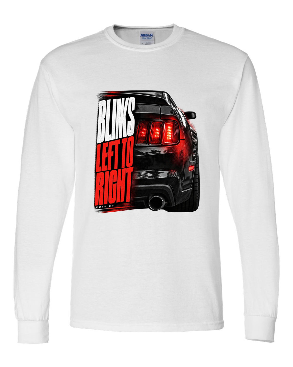 Macro print of a 2010 Ford Mustang S197 GT taillight white long sleeve front view with the design