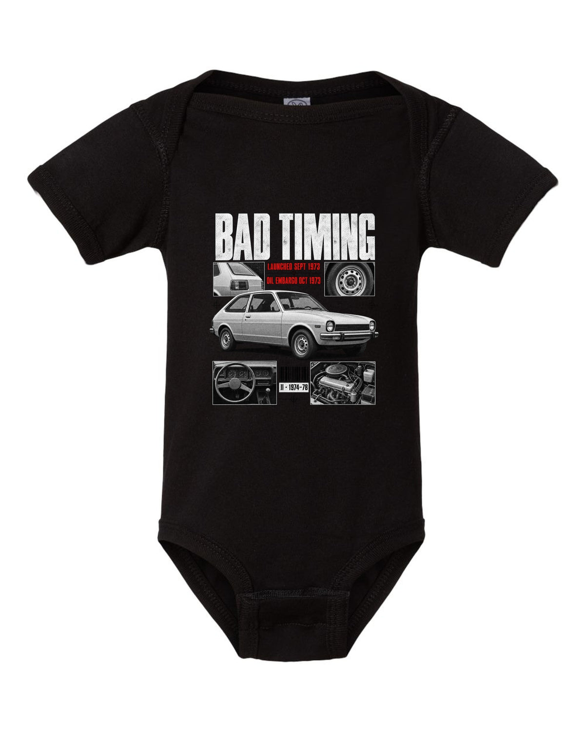 Dossier panel illustration of a 1974 Ford Mustang II chback with bad timing lettering black baby onesie front view with the design