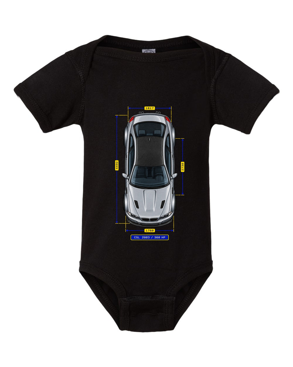 Spec-sheet data plate schematic of a BMW E46 M3 CSL 2003 with carbon roof and 360 HP black baby onesie front view with the design