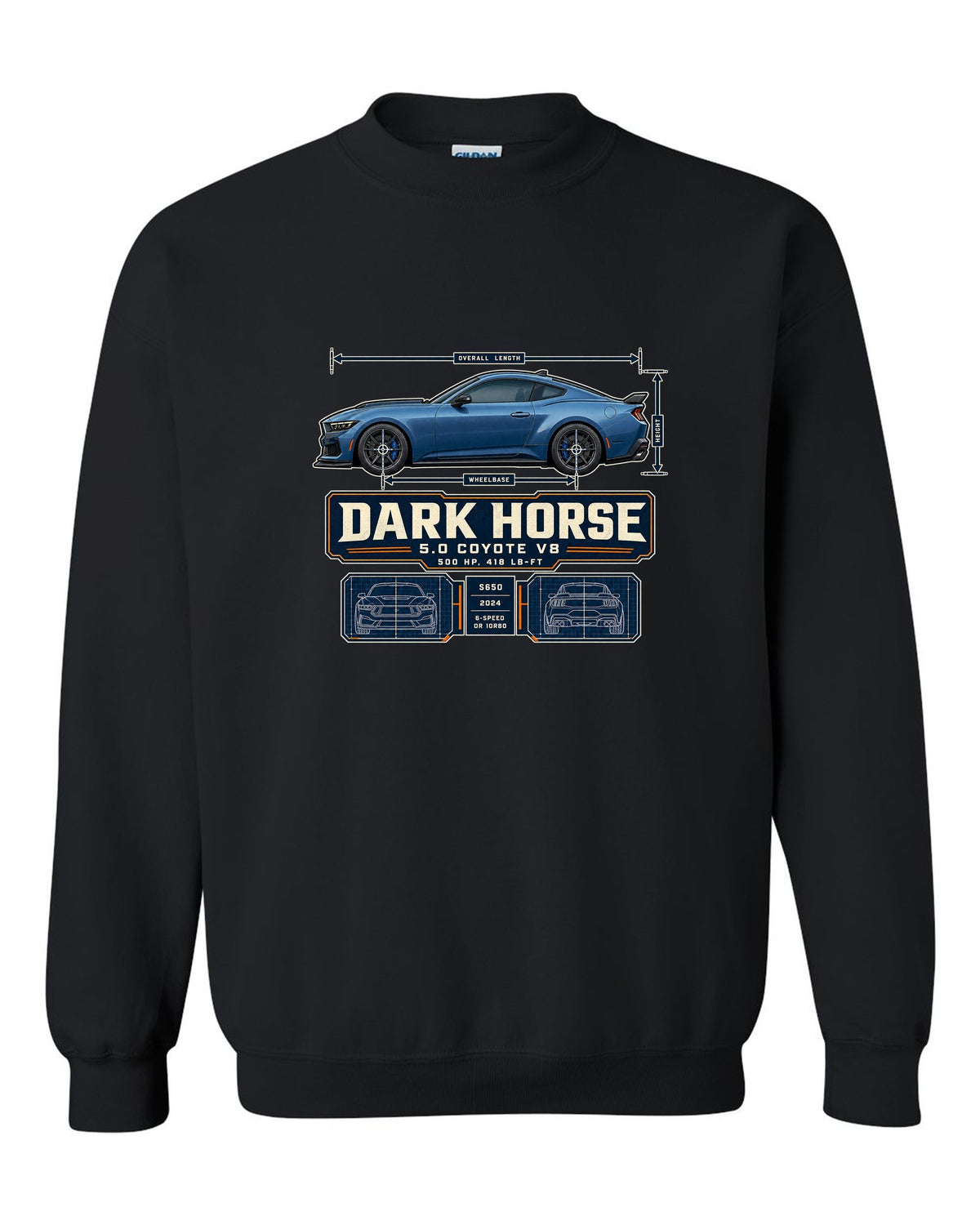 print of a Ford Mustang S650 Dark Horse dimension blueprint with 5.0 Coyote V8 and 500 HP text black crewneck front view with the design