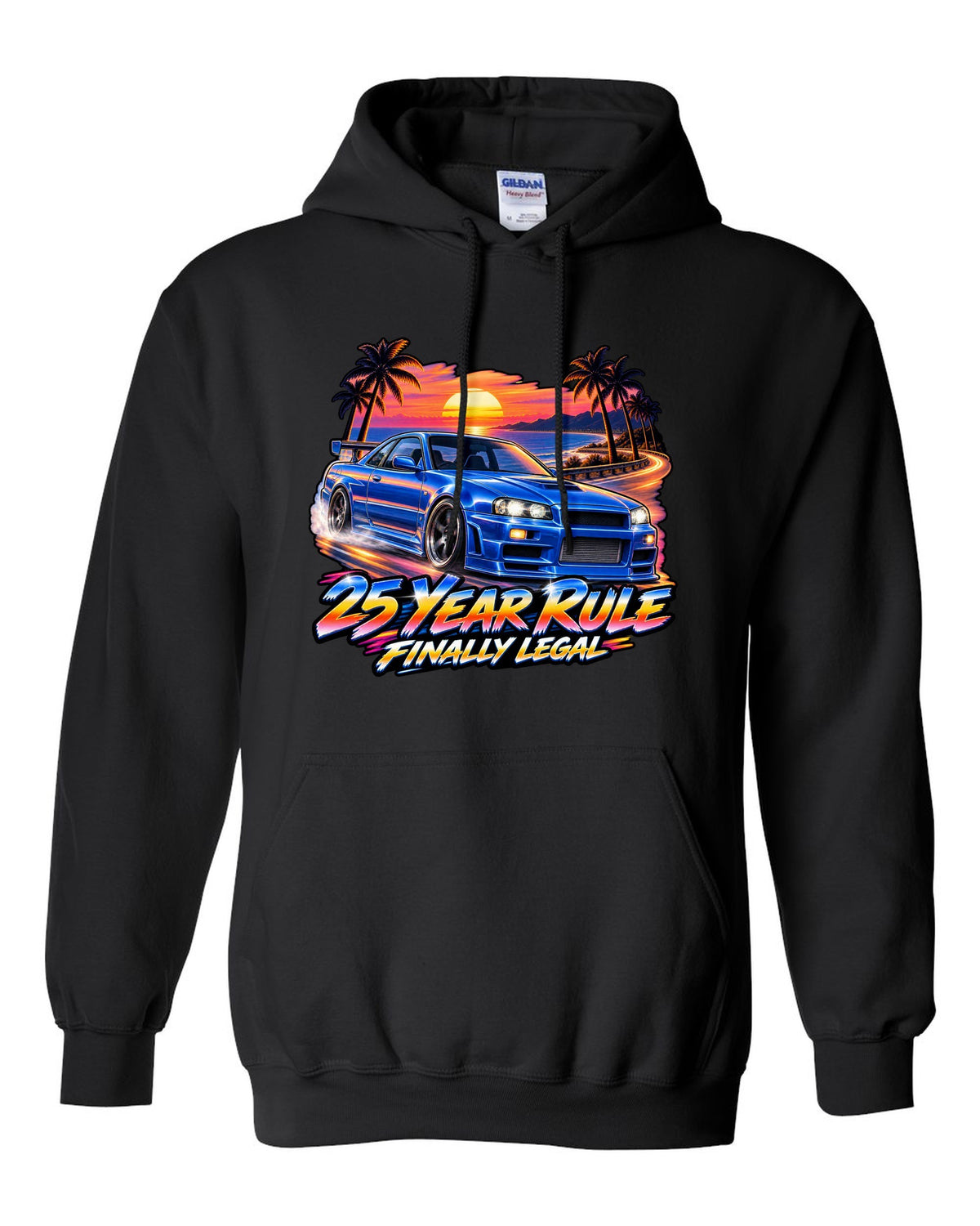 Retro airbrush sunset poster print of a Nissan Skyline GT-R R34 BNR34 with 25 year rule text black pull over hoodie front view with the design