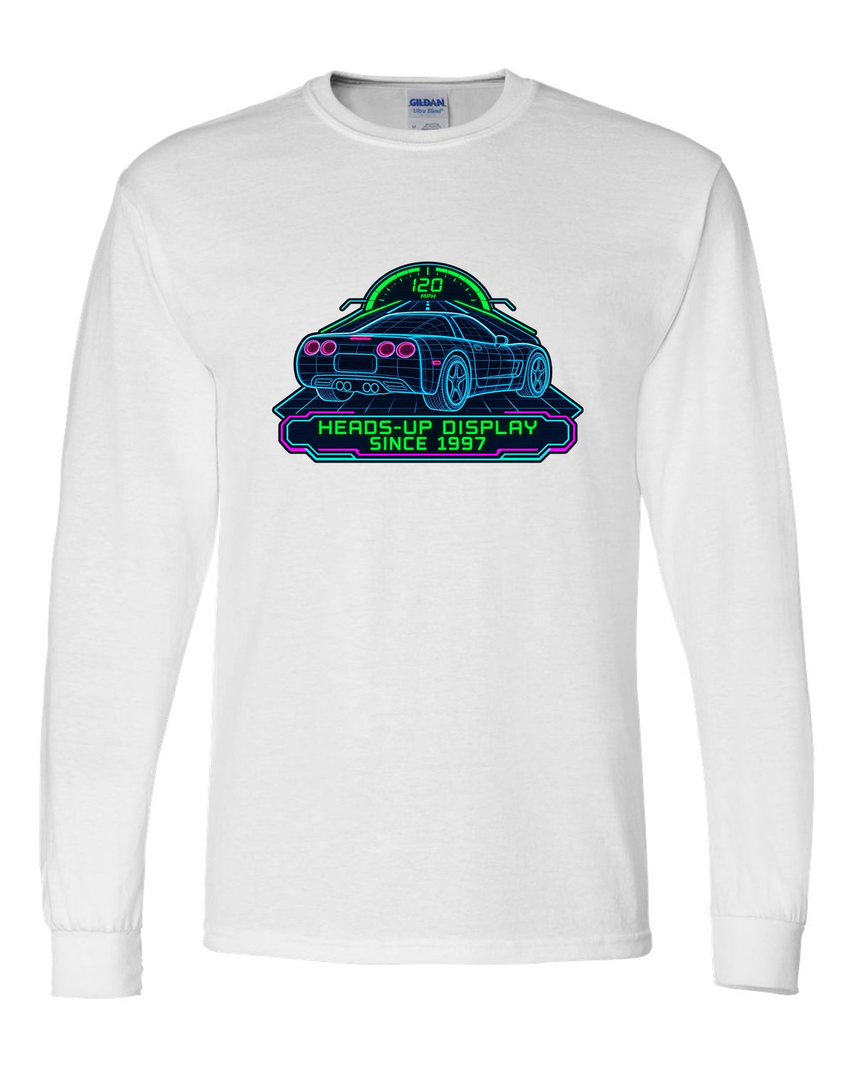 Hand-drawn doodle print of a 2020 Chevrolet Corvette C8 Stingray with heads-up display since 1997 lettering white long sleeve front view with the design