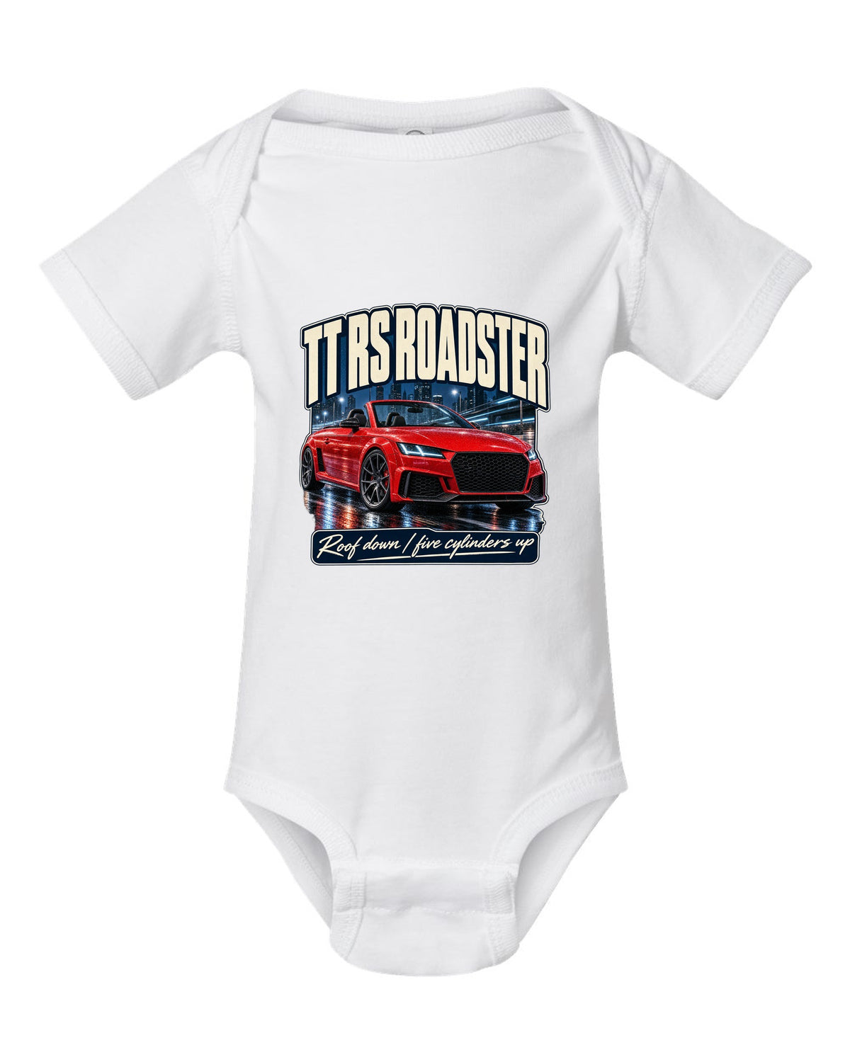 Audi TT RS Roadster 8S street poster print, roof down white baby onesie front view with the design