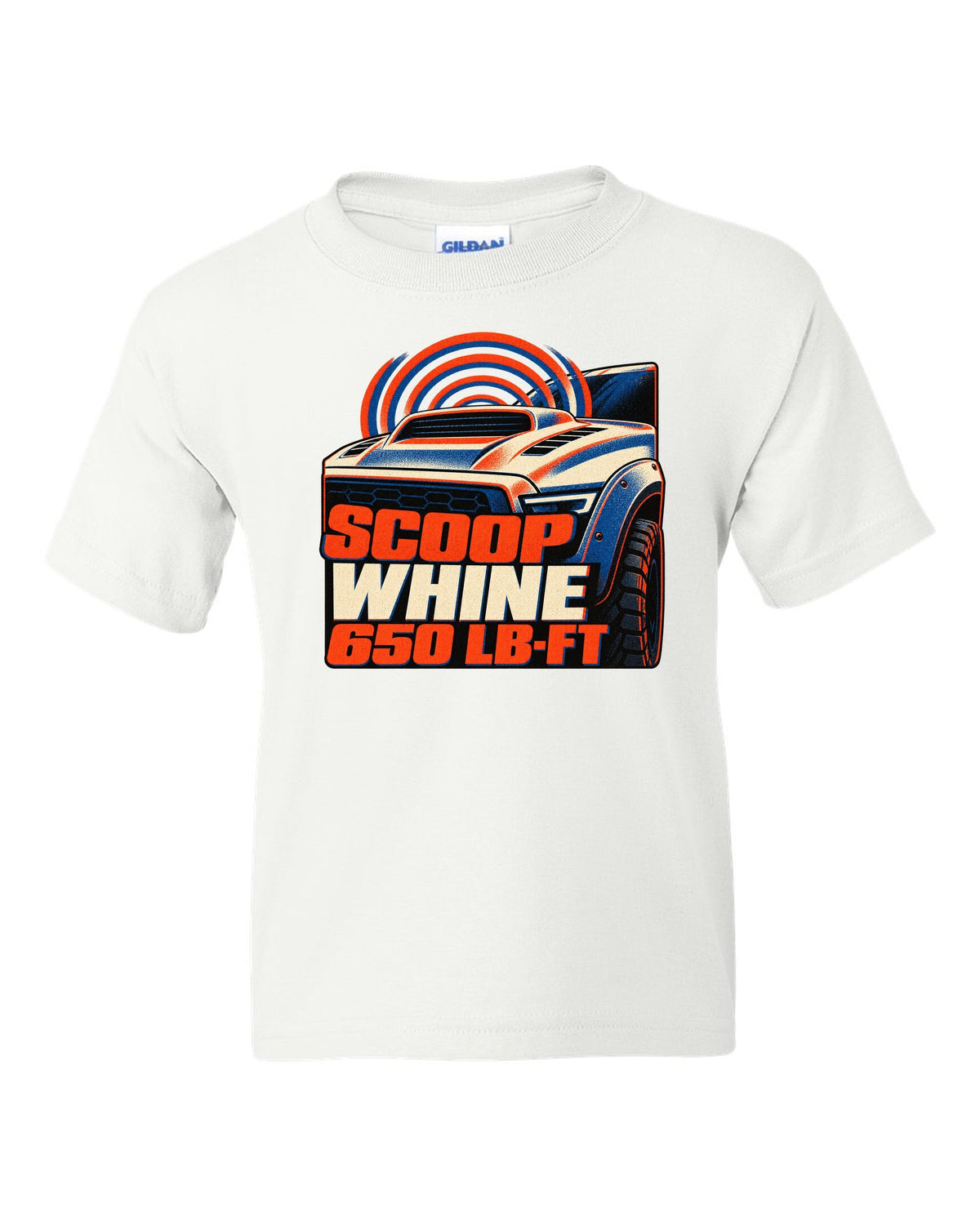 Risograph print of a 2021-2024 Ram 1500 TRX with scoop whine 650 lb-ft text white kids tee front view with the design