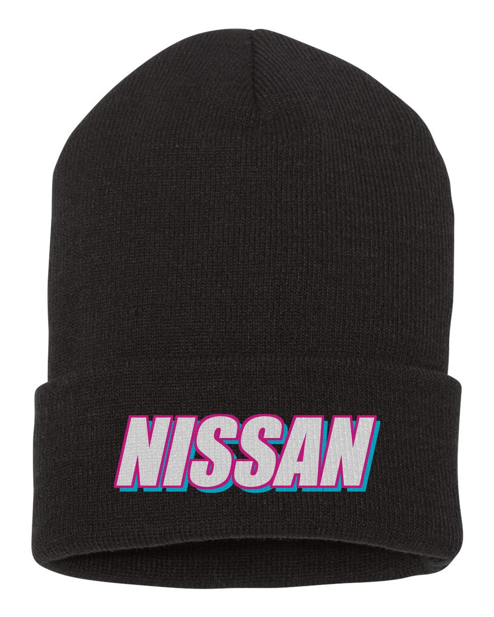Nissan black beanie front view with car name