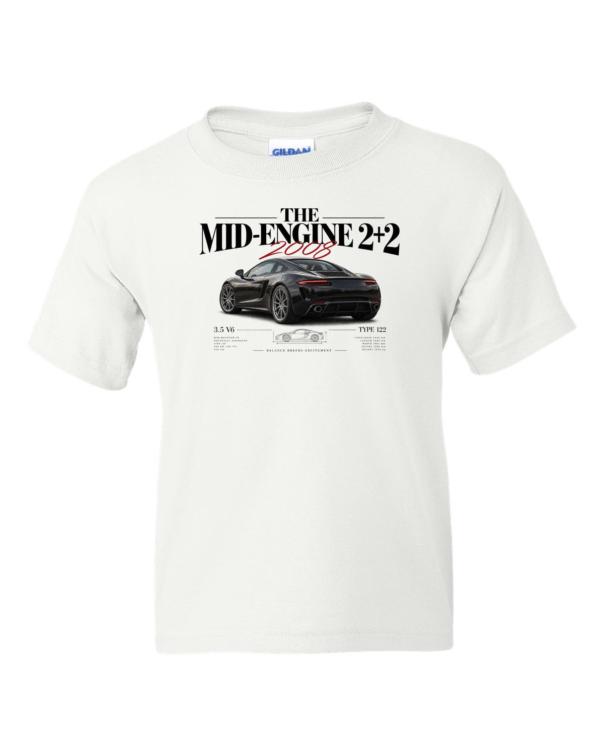 Editorial headline print of a 2008 Lotus Evora Type 122 about the mid-engine 2+2 white kids tee front view with the design