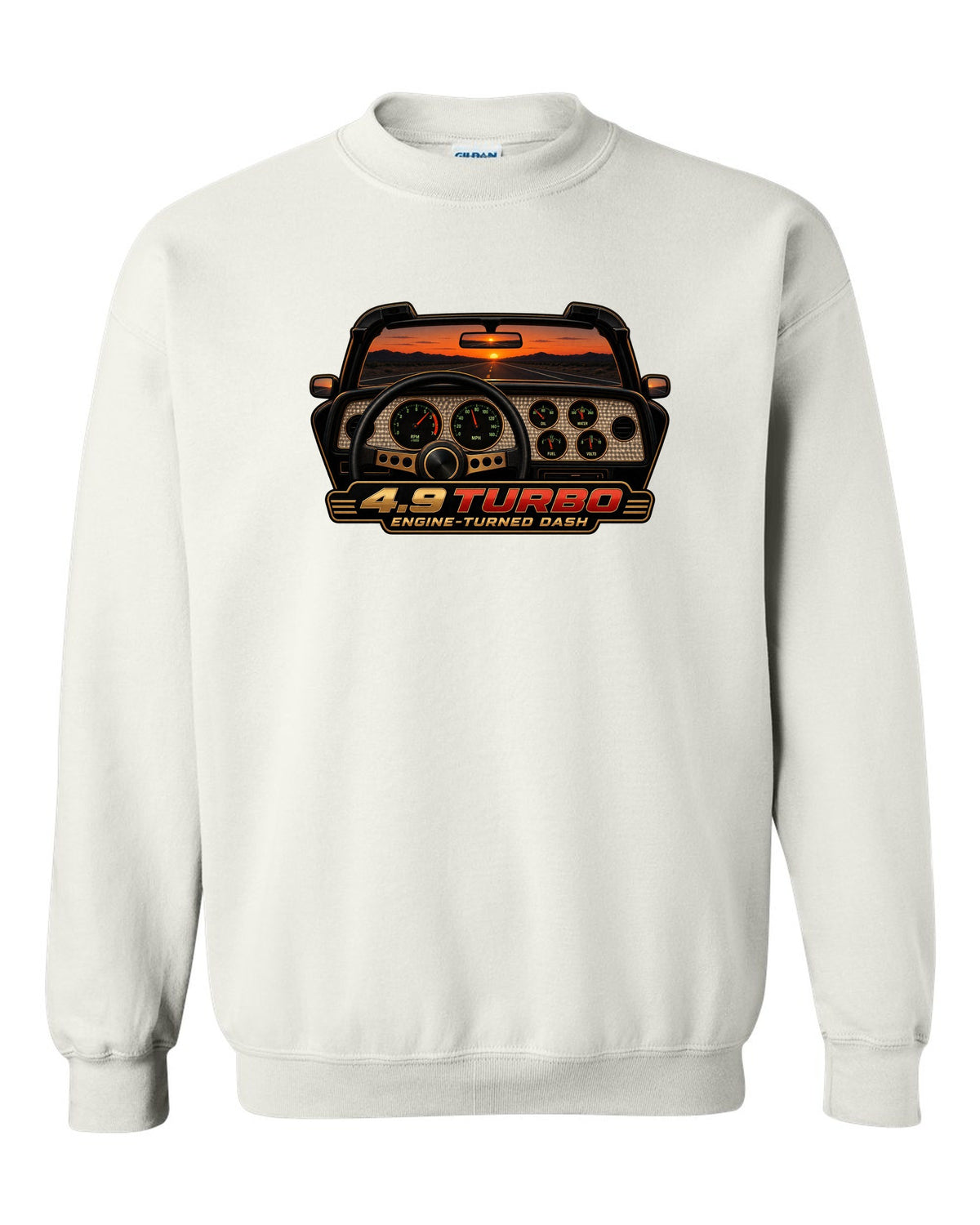 1981 Pontiac Firebird Trans Am gauge cluster HUD graphic with 4.9 Turbo text white crewneck front view with the design