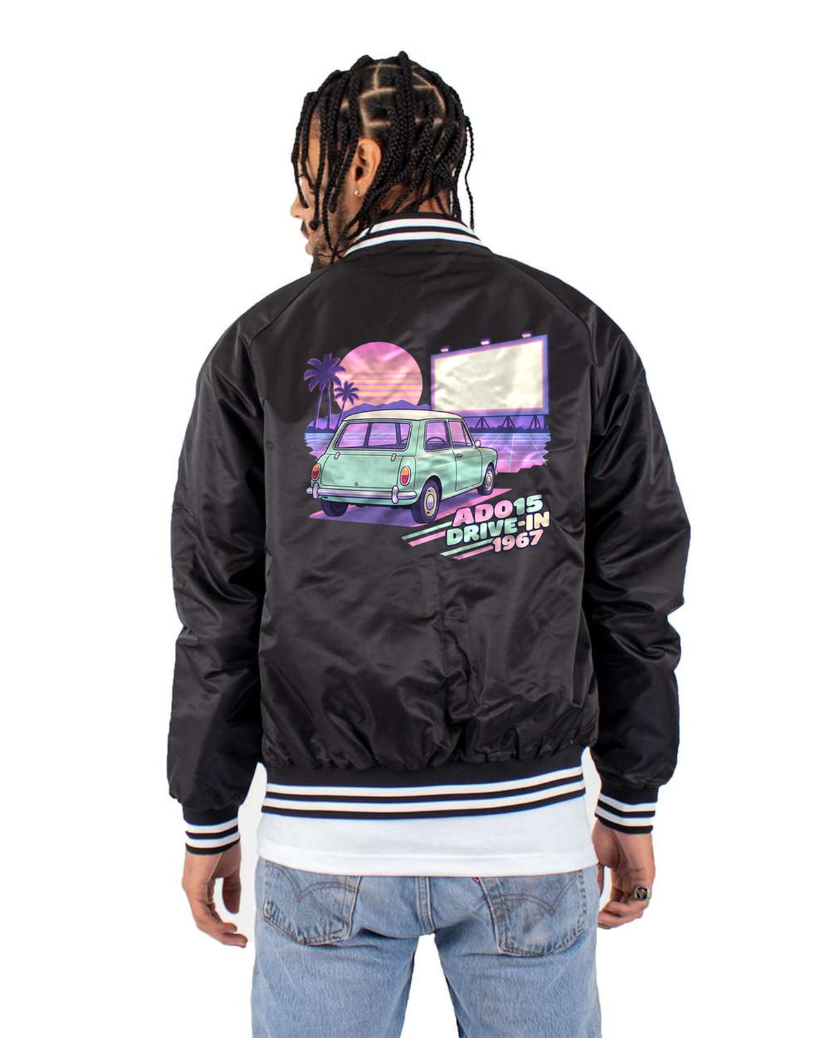 Classic Mini ADO15 1967 Pastel Drive-In Vaporwave Tee Bomber Jacket Black back
