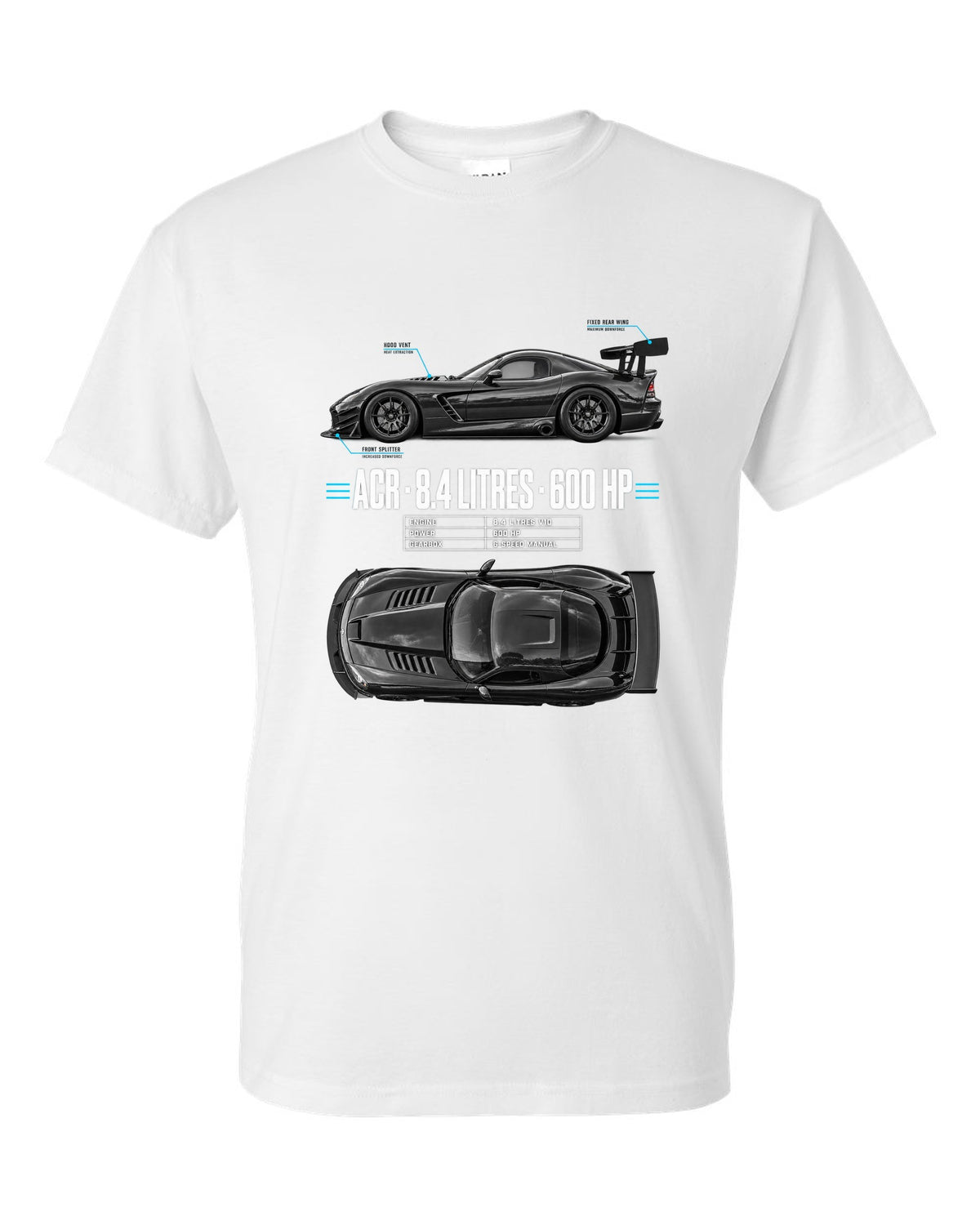 2008 Dodge Viper ACR ZB II top-down and profile spec poster print white t-shirt front view with the design