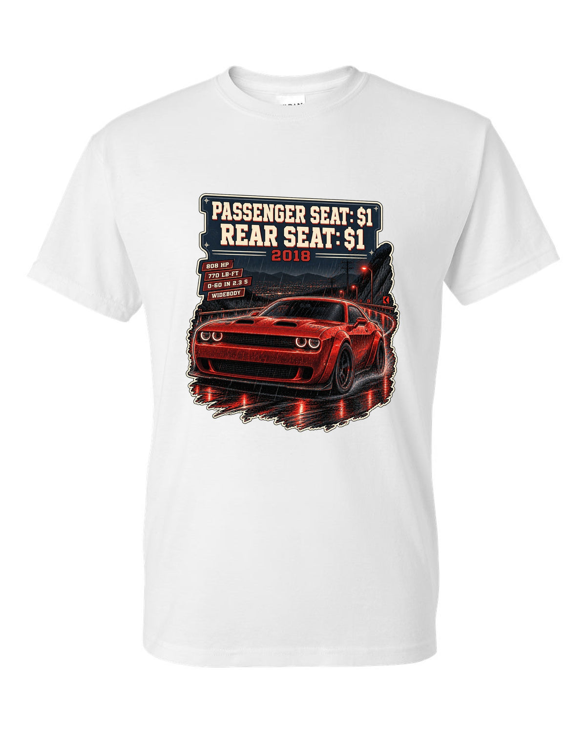2018 Dodge Challenger SRT Demon on a night street print with seat price text white t-shirt front view with the design