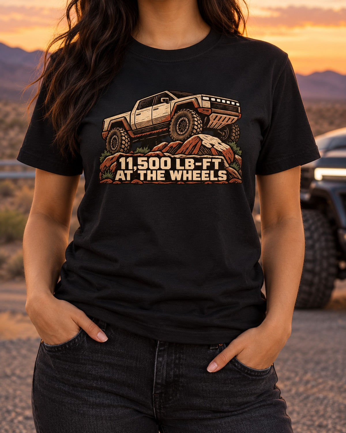 GMC Hummer EV Linocut Woodcut Tee, Wheel Torque print T-Shirt Black worn hero