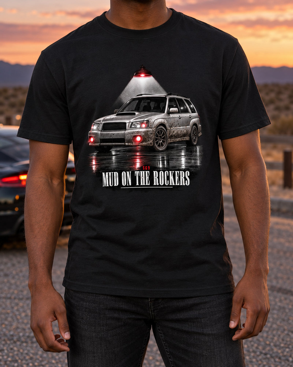 Subaru Forester SG9 Mud On The Rockers Garage Night Tee T-Shirt Black worn hero