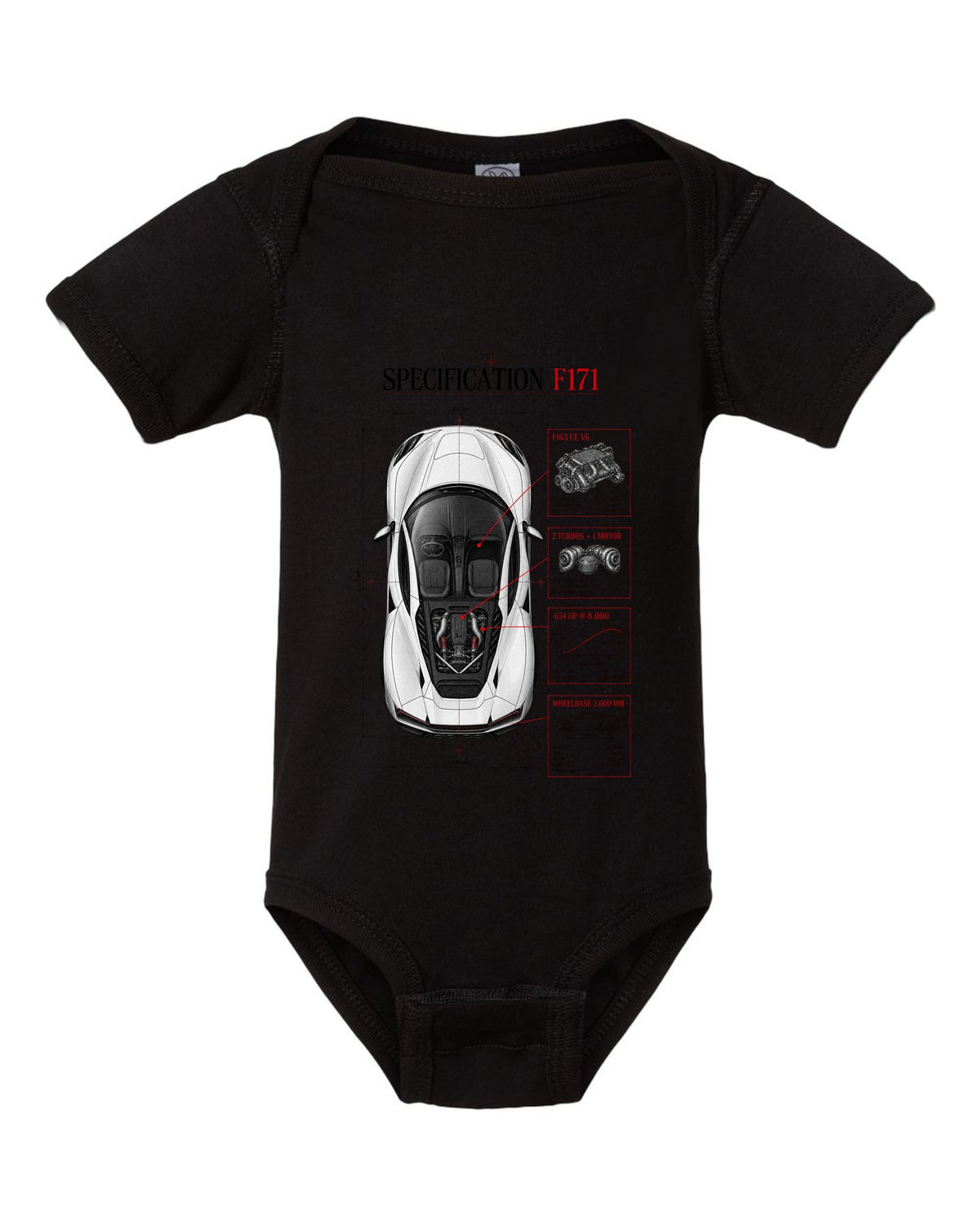 Top-down spec poster print of a Ferrari 296 GTB F171 with wheelbase and F163 CE V6 details black baby onesie front view with the design