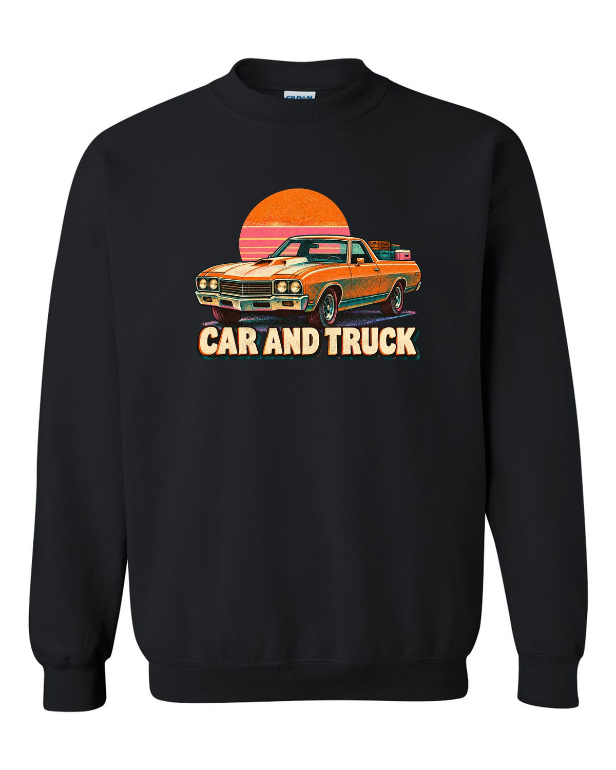 1970 Chevrolet El Camino SS 454 risograph spot-colour print reading Car and Truck black crewneck front view with the design