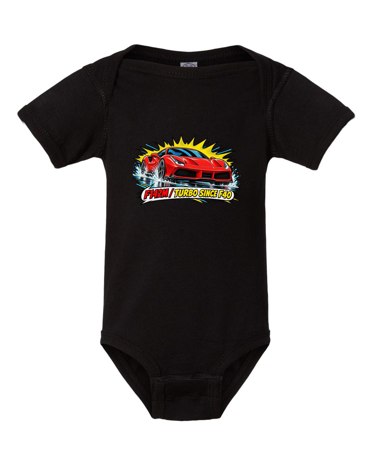 Comic halftone pop-art print of the Ferrari 488 GTB F142M with the text F142M, turbo since F40 black baby onesie front view with the design