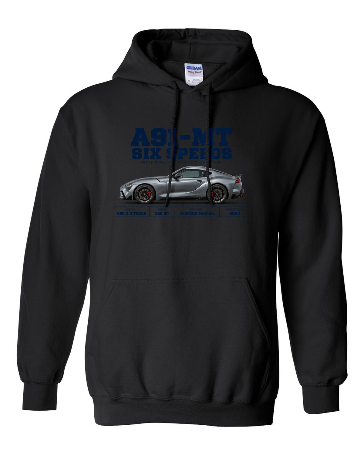 Signal red Toyota GR Supra A91-MT shown in three views with spec table black pull over hoodie front view with the design