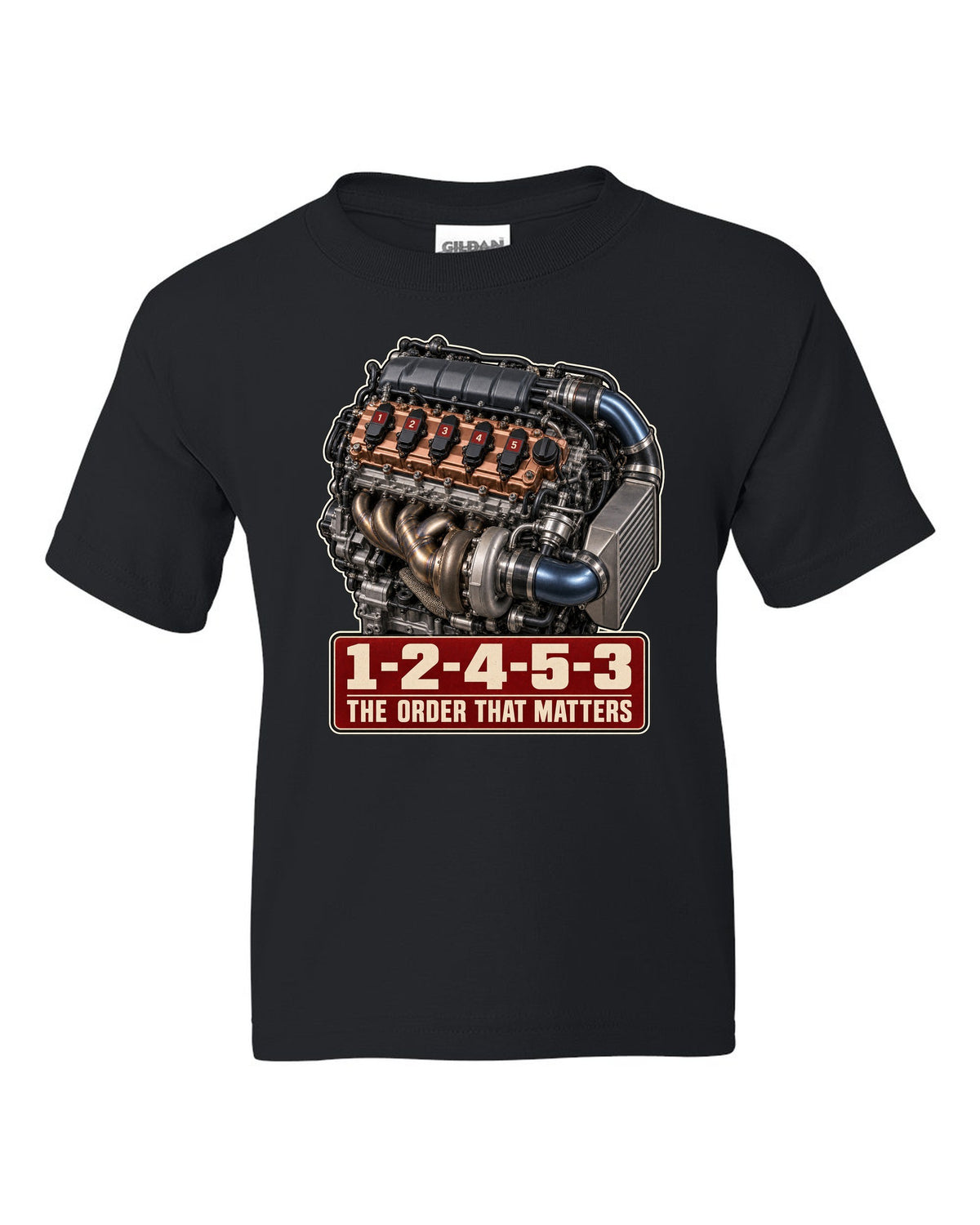 Audi TT RS 8S 2.5 TFSI five-cylinder engine poster with firing order black kids tee front view with the design