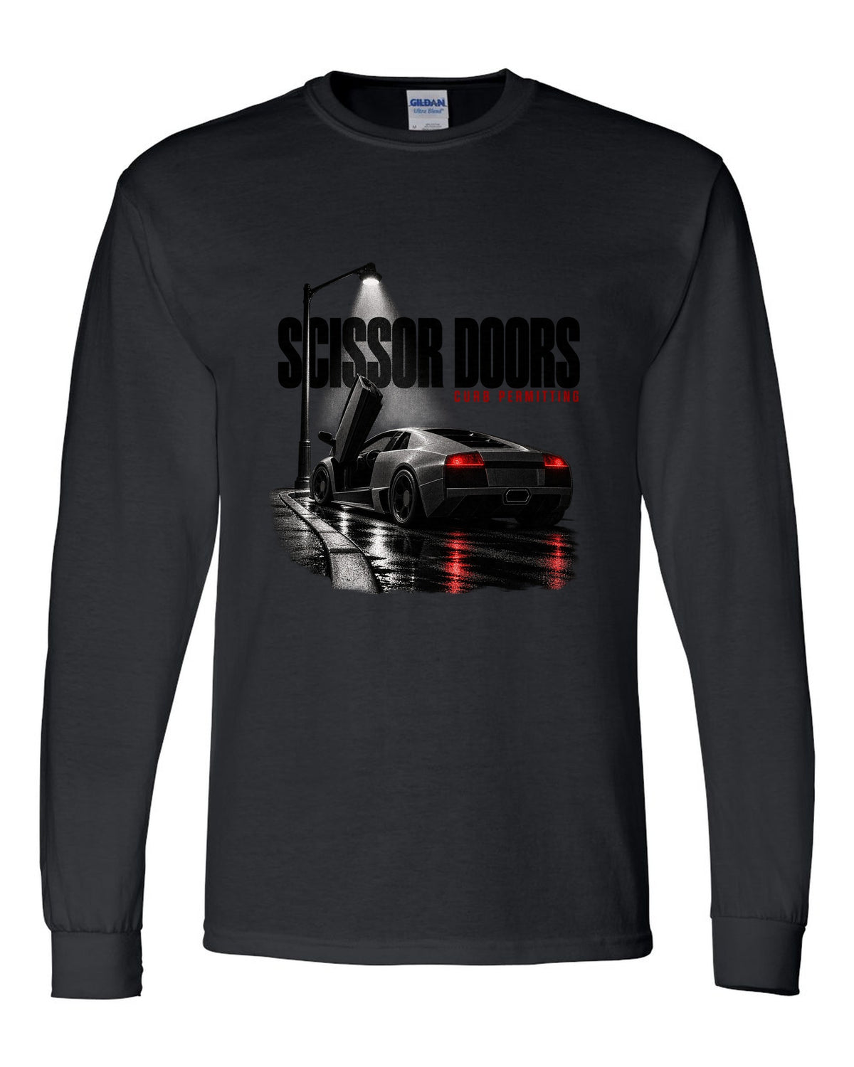 Garage night print of a Lamborghini Murcielago LP640 with scissor doors raised black long sleeve front view with the design