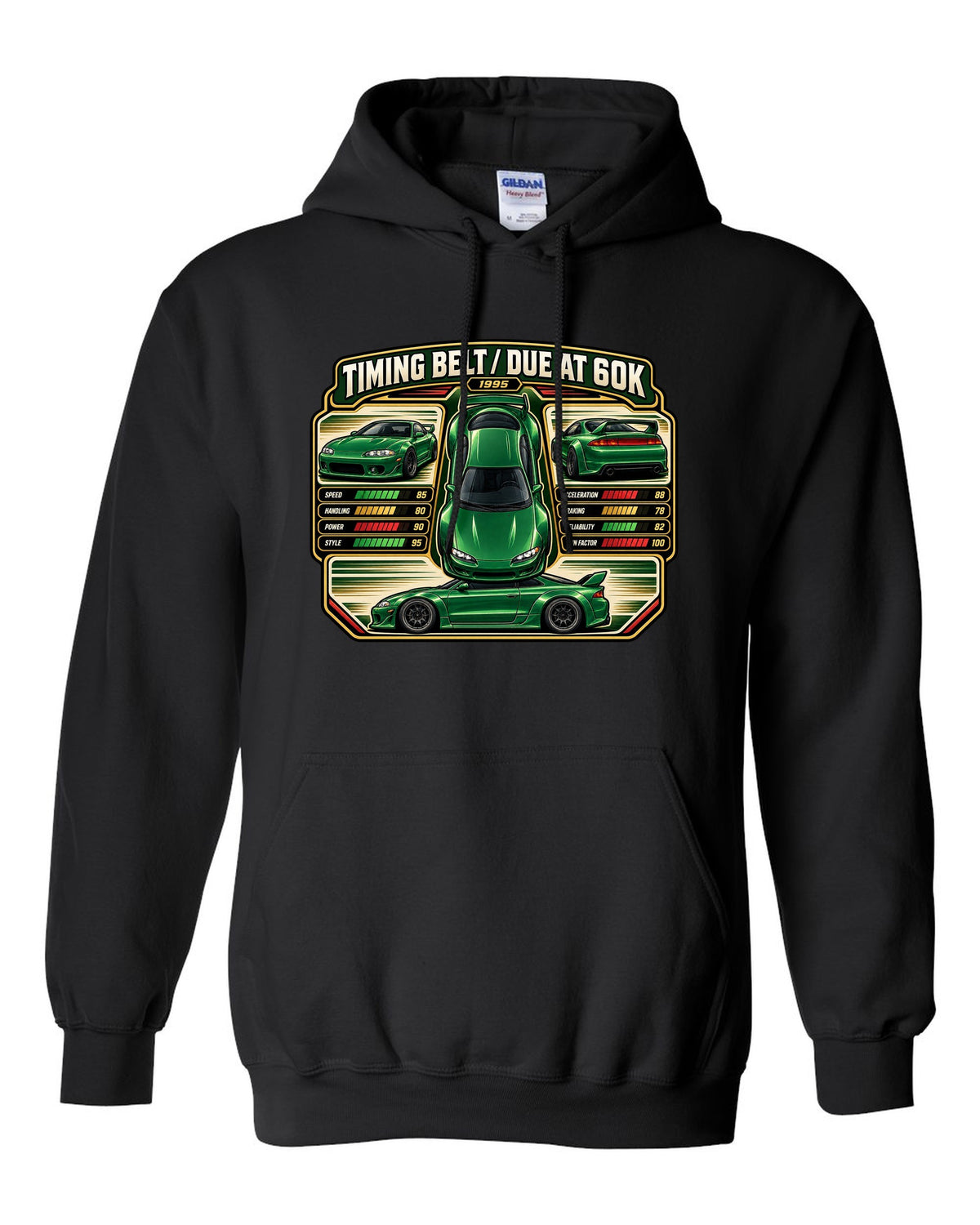 Top-down vector trading card print of a widebody Mitsubishi Eclipse GSX 2G with timing belt due at 60K text black pull over hoodie front view with the design
