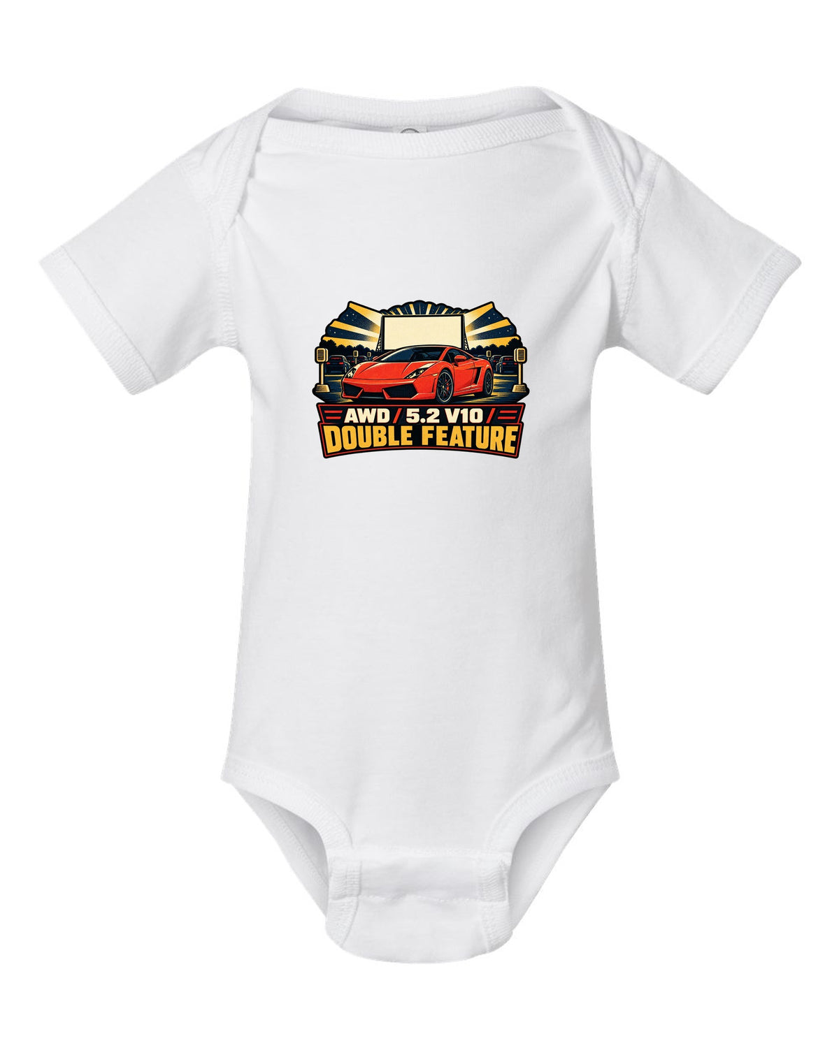 Vintage race poster style design of a Lamborghini Gallardo LP560-4 with AWD and V10 text white baby onesie front view with the design
