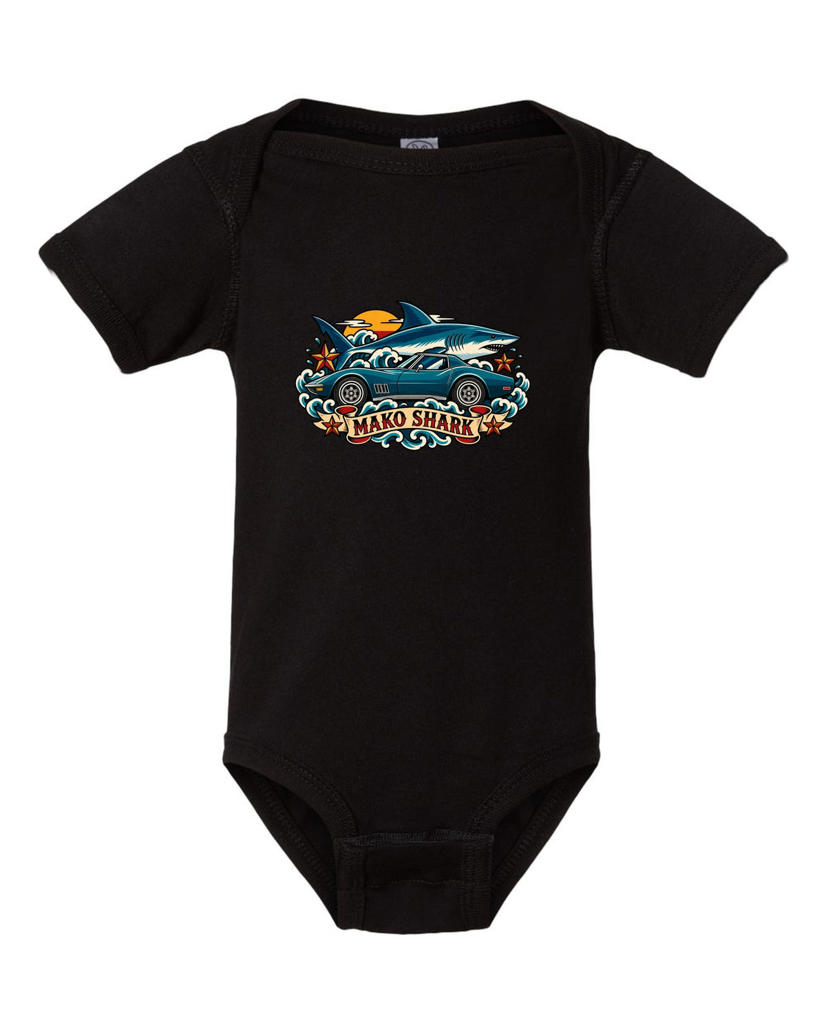 Retro tattoo flash print of a 1968 Chevrolet Corvette C3 Stingray with Mako Shark lettering black baby onesie front view with the design