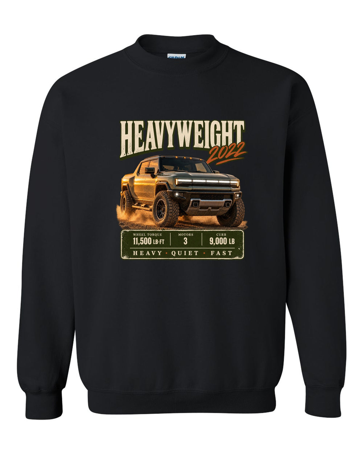 Full colour GMC Hummer EV 2022 three-quarter front archive panel design black crewneck front view with the design