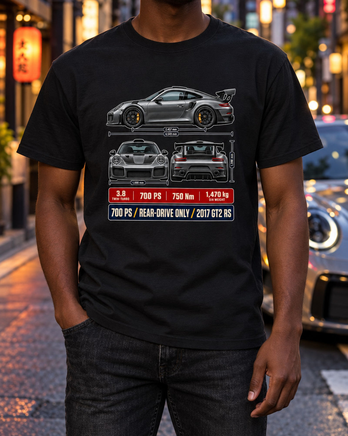 Porsche 911 GT2 RS 991.2 Three-View Dossier Shirt, Car Tee T-Shirt Black worn hero