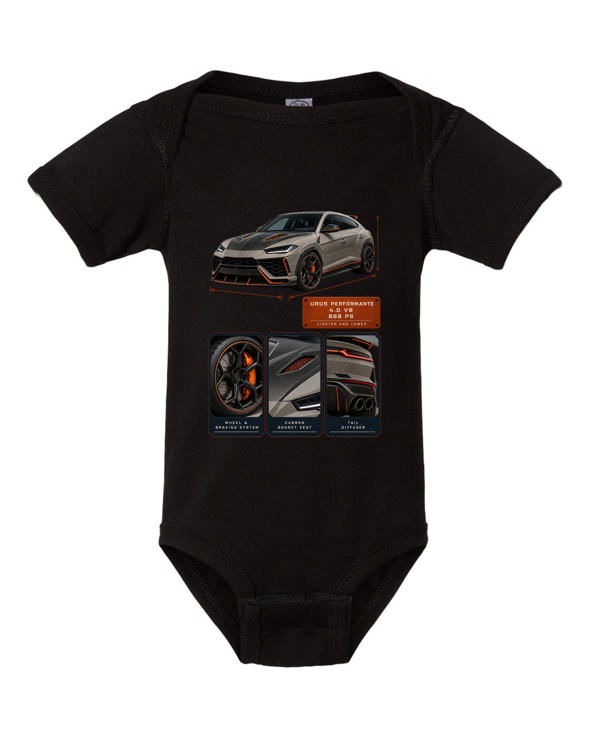 Dossier panel print of the Lamborghini Urus Performante black baby onesie front view with the design
