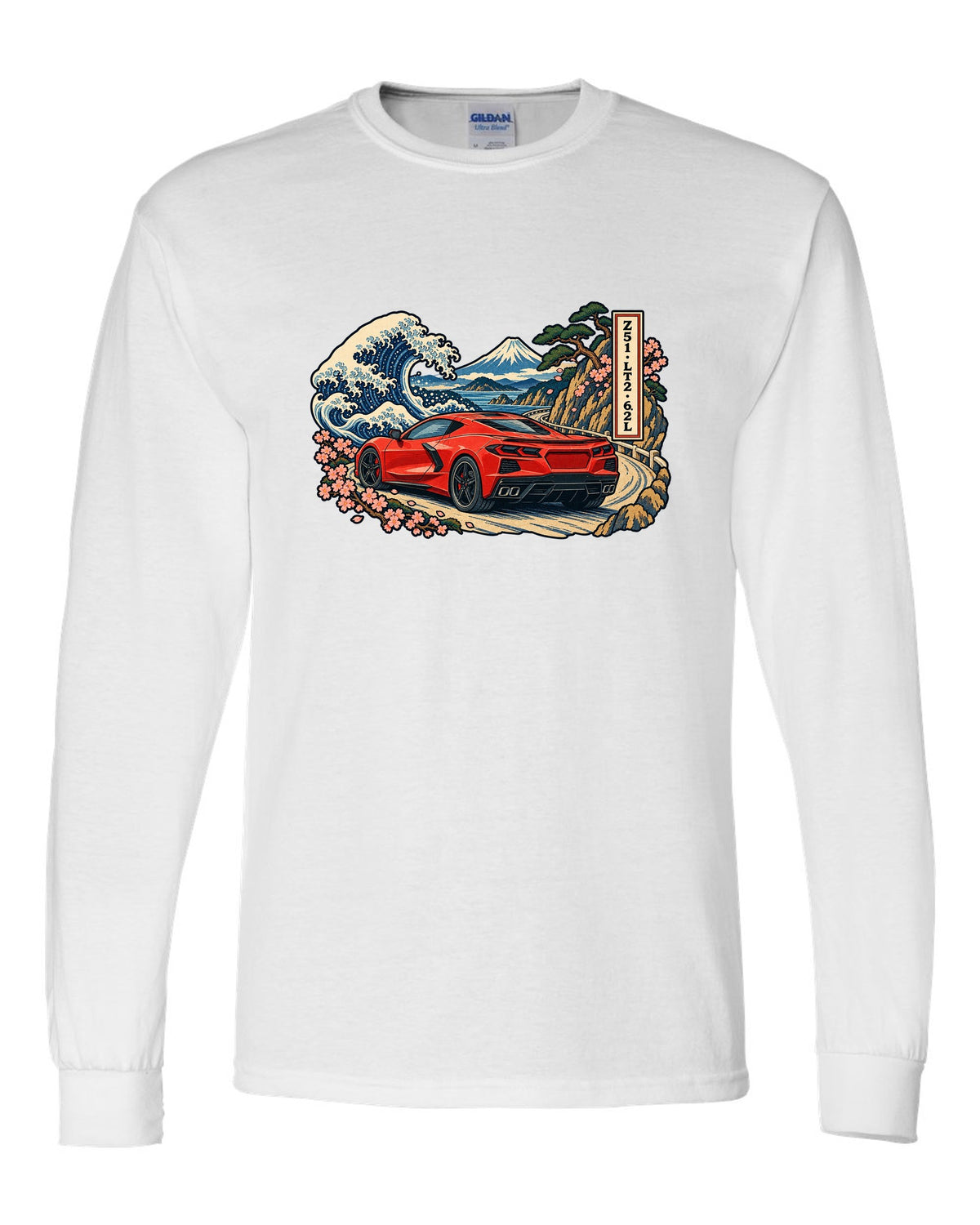 Ukiyo-e woodblock style print of a 2020 C8 Corvette Stingray on a mountain pass white long sleeve front view with the design