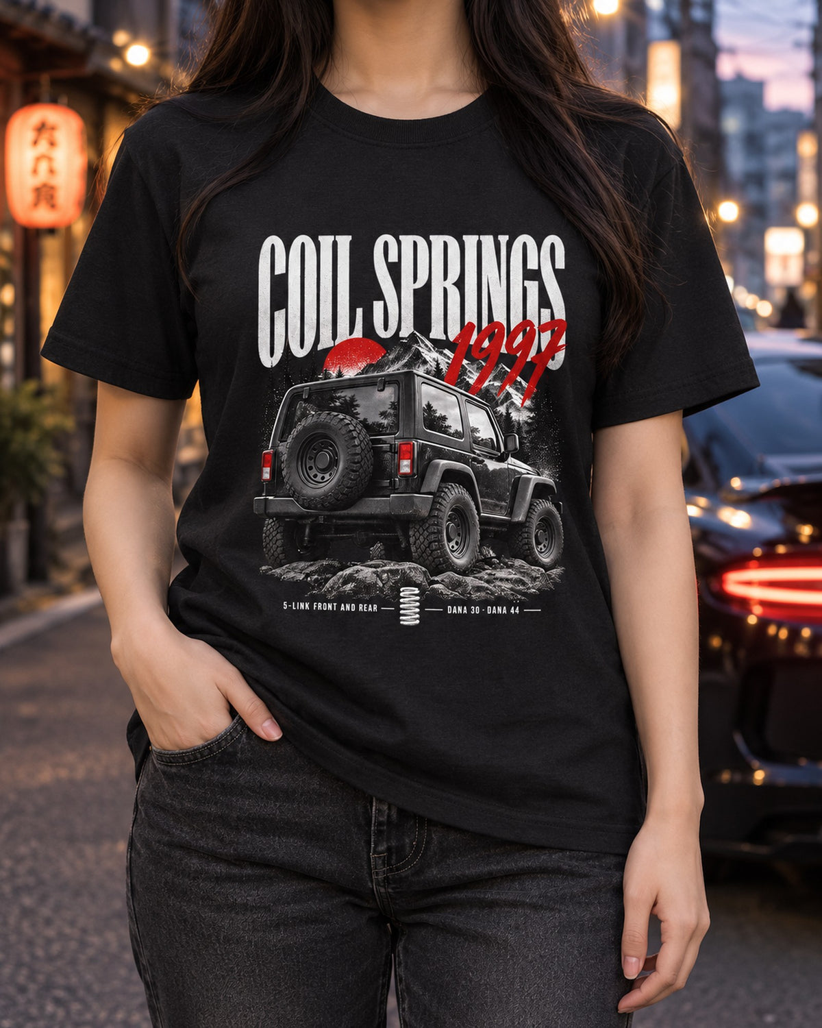 Jeep Wrangler TJ 5-Link Coil Spring Editorial Shirt T-Shirt Black worn hero