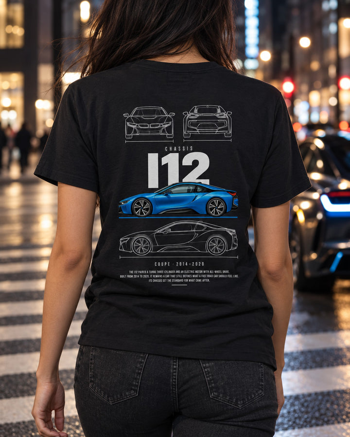 BMW i8 hybrid sports car Blueprint Full-Back Graphic Tee, I12 Chassis Code T-Shirt Black worn hero
