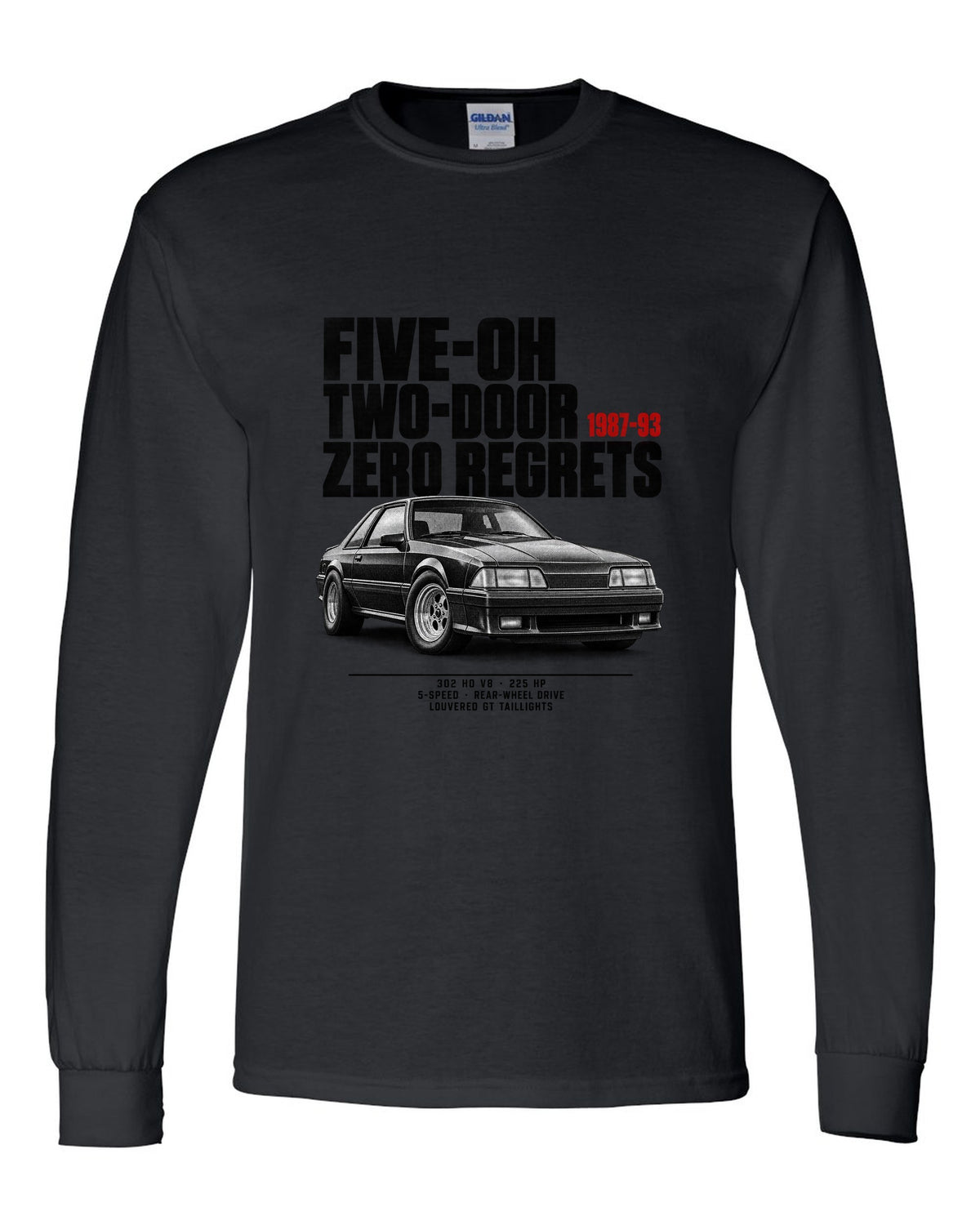 Halftone illustration of a Ford Mustang Fox body notchback with five-oh two-door lettering black long sleeve front view with the design