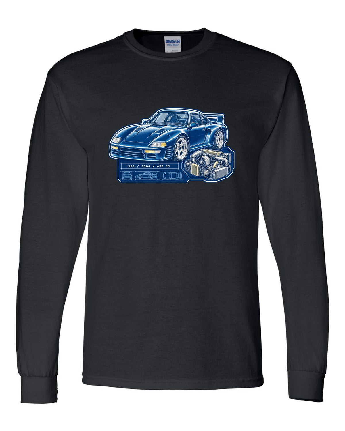 Porsche 959 cyanotype blueprint design with 1986 and 450 PS lettering black long sleeve front view with the design