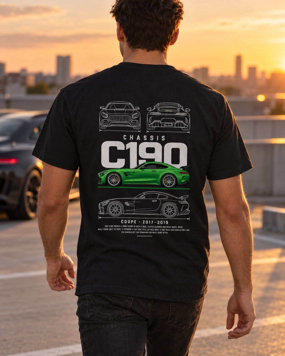 Mercedes AMG GT R coupe Blueprint Full-Back Graphic Tee, C190 Chassis Code T-Shirt Black worn hero