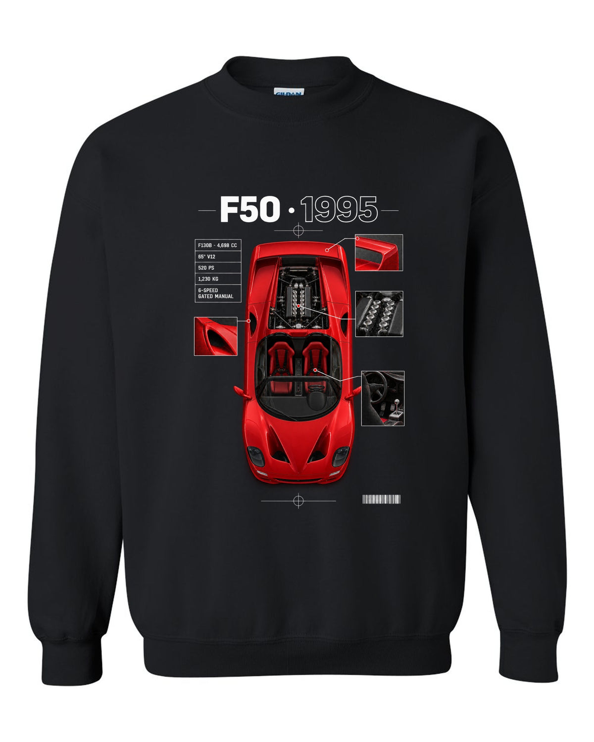 Ferrari F50 1995 top-down plan spec poster print, F130B 4,698 cc V12, 520 PS black crewneck front view with the design